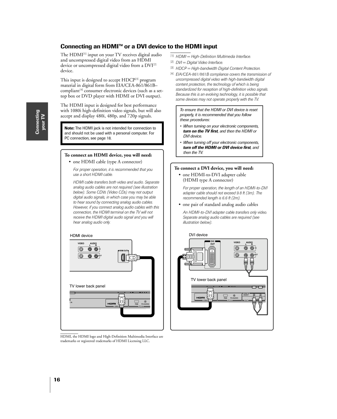 Toshiba 23HLV85 manual Connecting an HDMIª or a DVI device to the Hdmi input, ¥ one Hdmi cable type a connector 