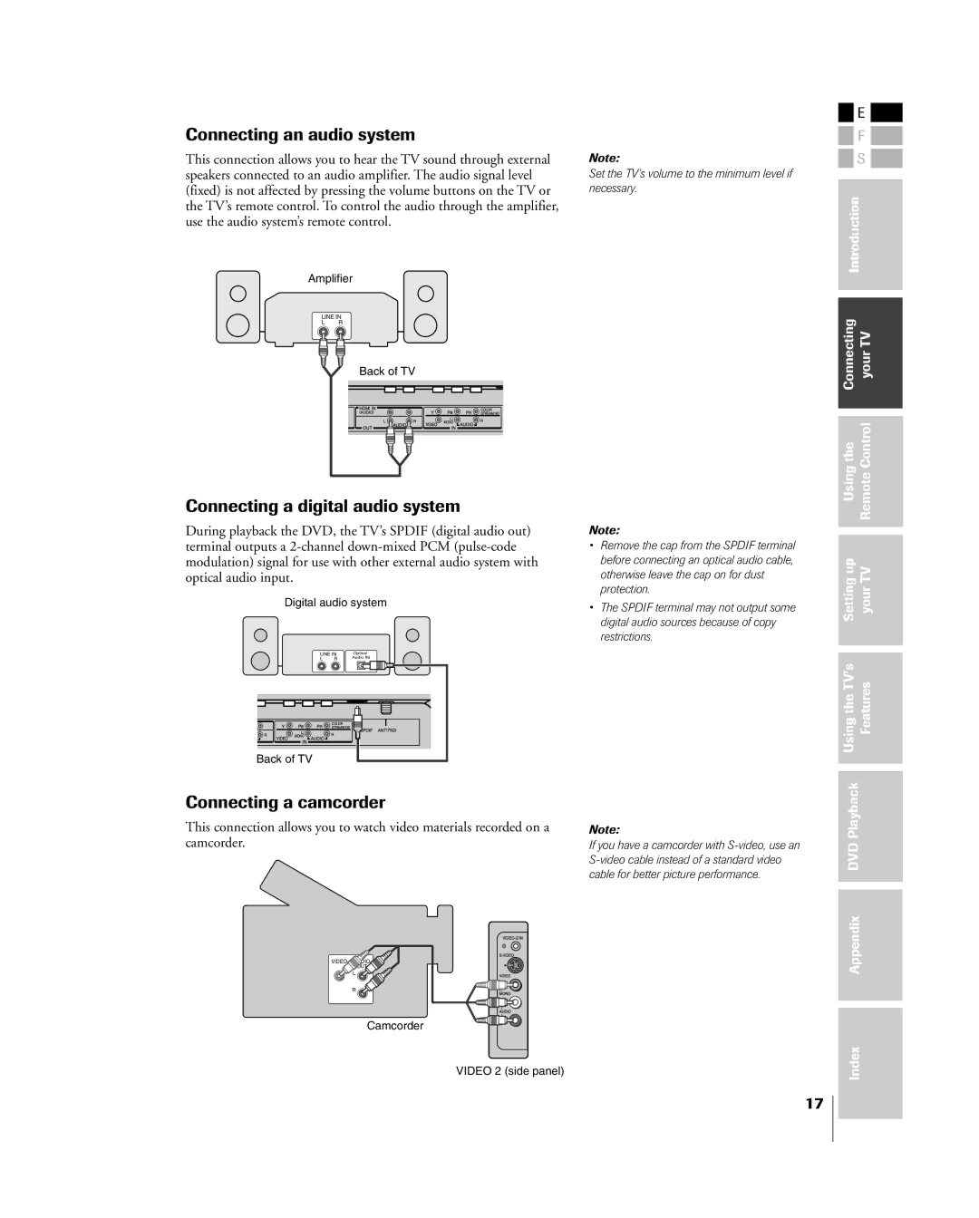 Toshiba 23HLV85 manual Connecting an audio system, Connecting a digital audio system, Connecting a camcorder 