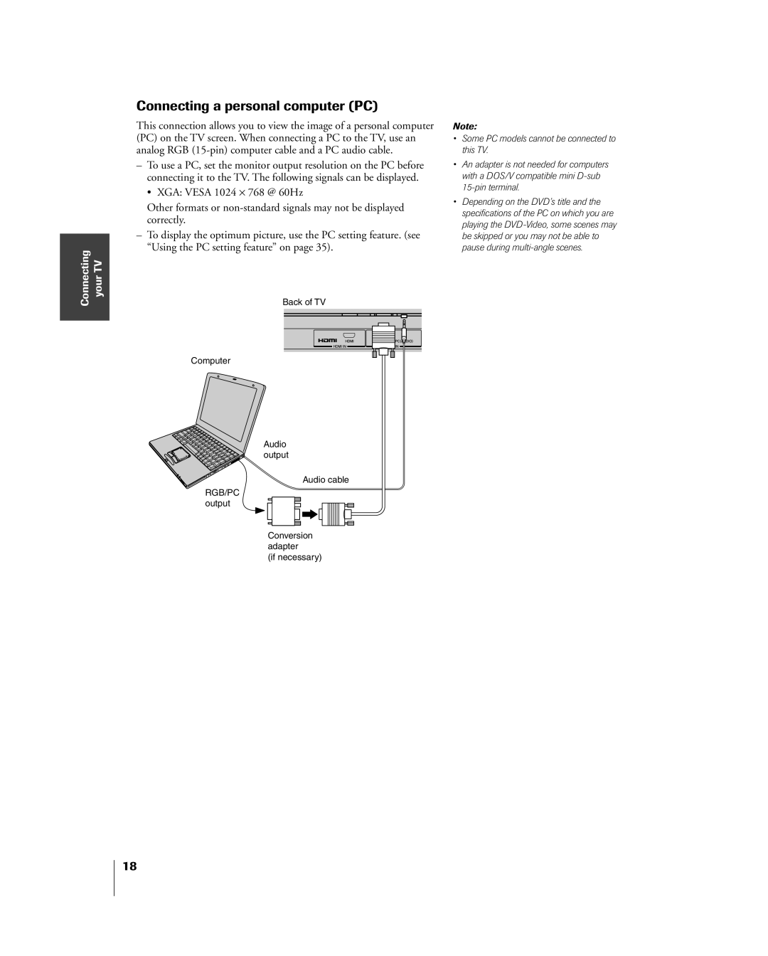 Toshiba 23HLV85 manual Connecting a personal computer PC, Some PC models cannot be connected to this TV 