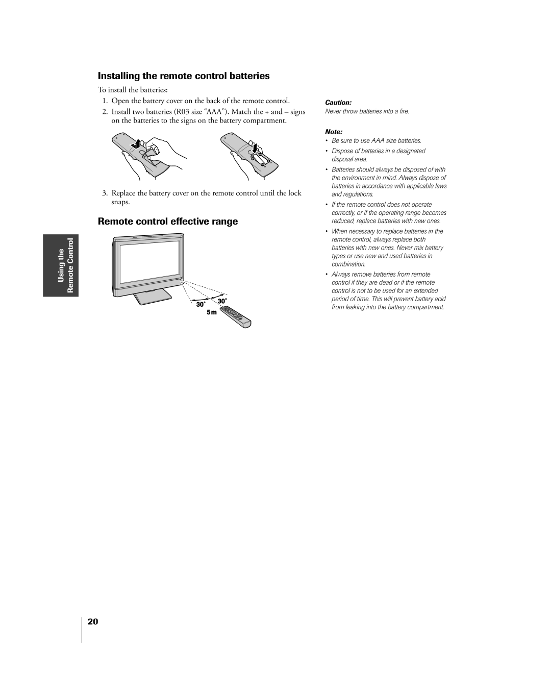 Toshiba 23HLV85 manual Installing the remote control batteries, Remote control effective range 