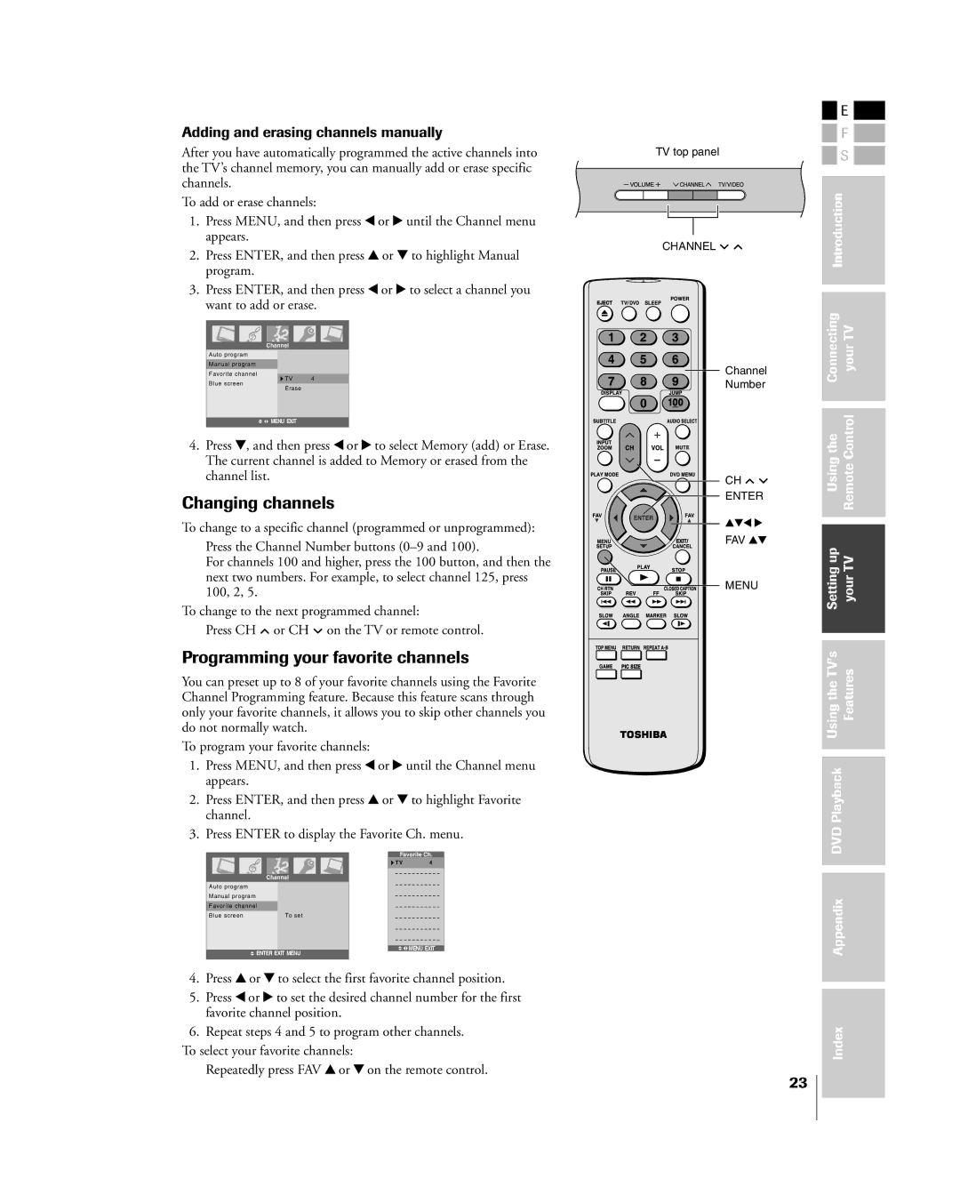 Toshiba 23HLV85 Changing channels, Programming your favorite channels, Adding and erasing channels manually 