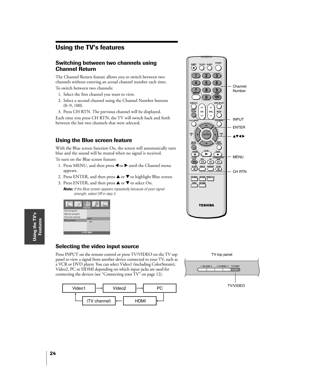 Toshiba 23HLV85 manual Using the TVÕs features, Switching between two channels using Channel Return 