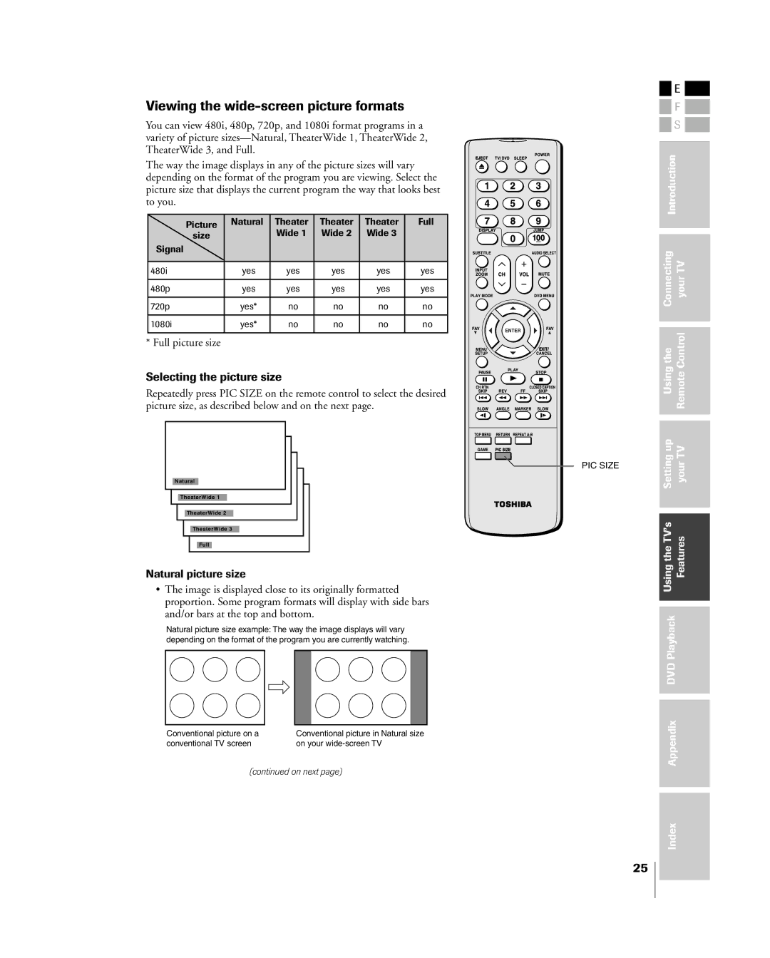 Toshiba 23HLV85 manual Viewing the wide-screen picture formats, Selecting the picture size, Full picture size 