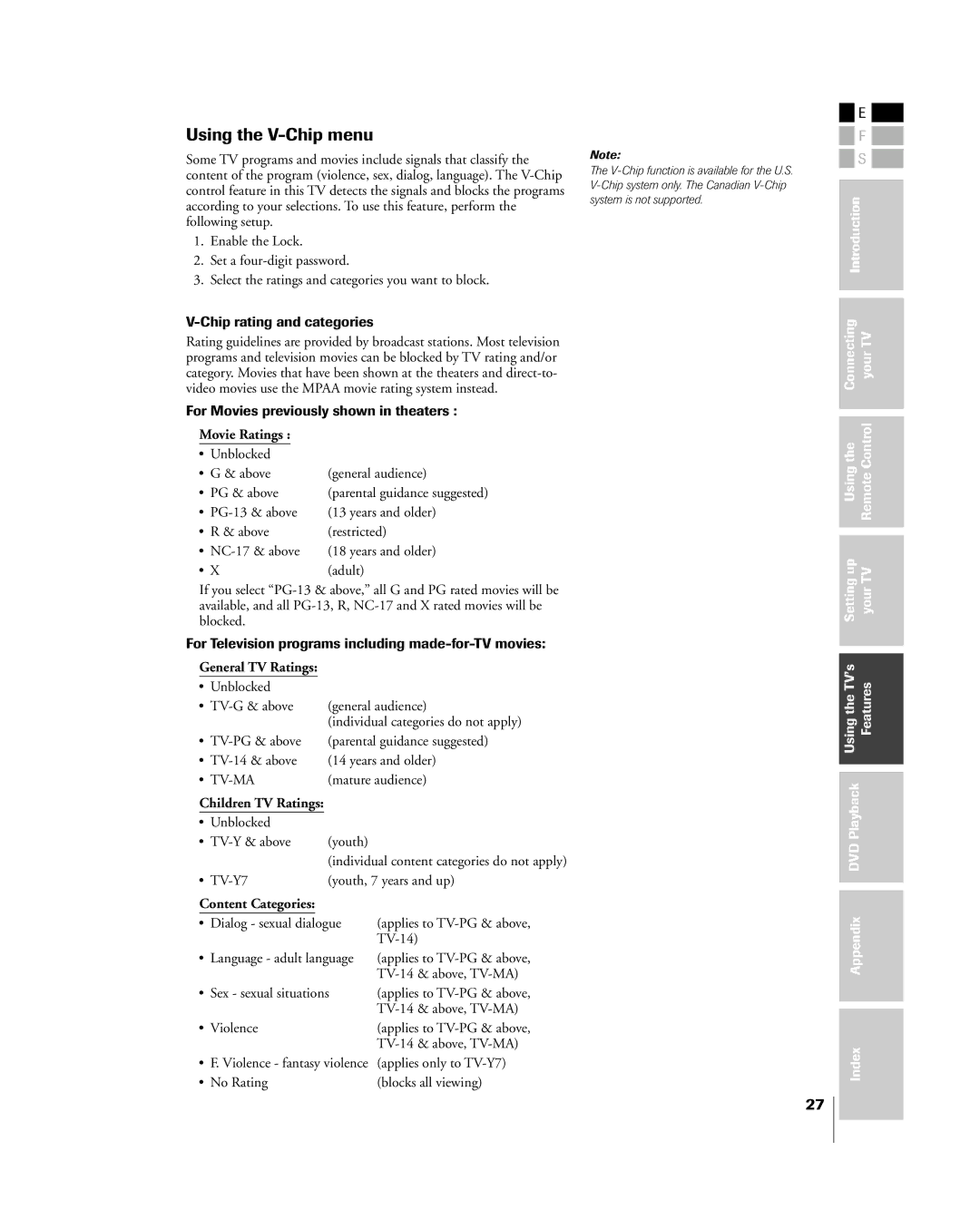 Toshiba 23HLV85 manual Using the V-Chip menu 