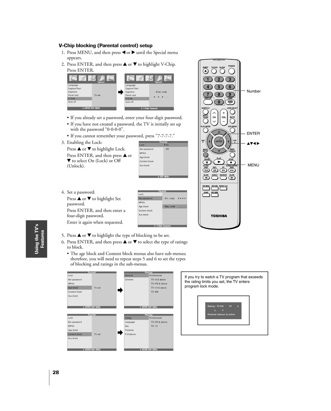 Toshiba 23HLV85 manual Chip blocking Parental control setup 