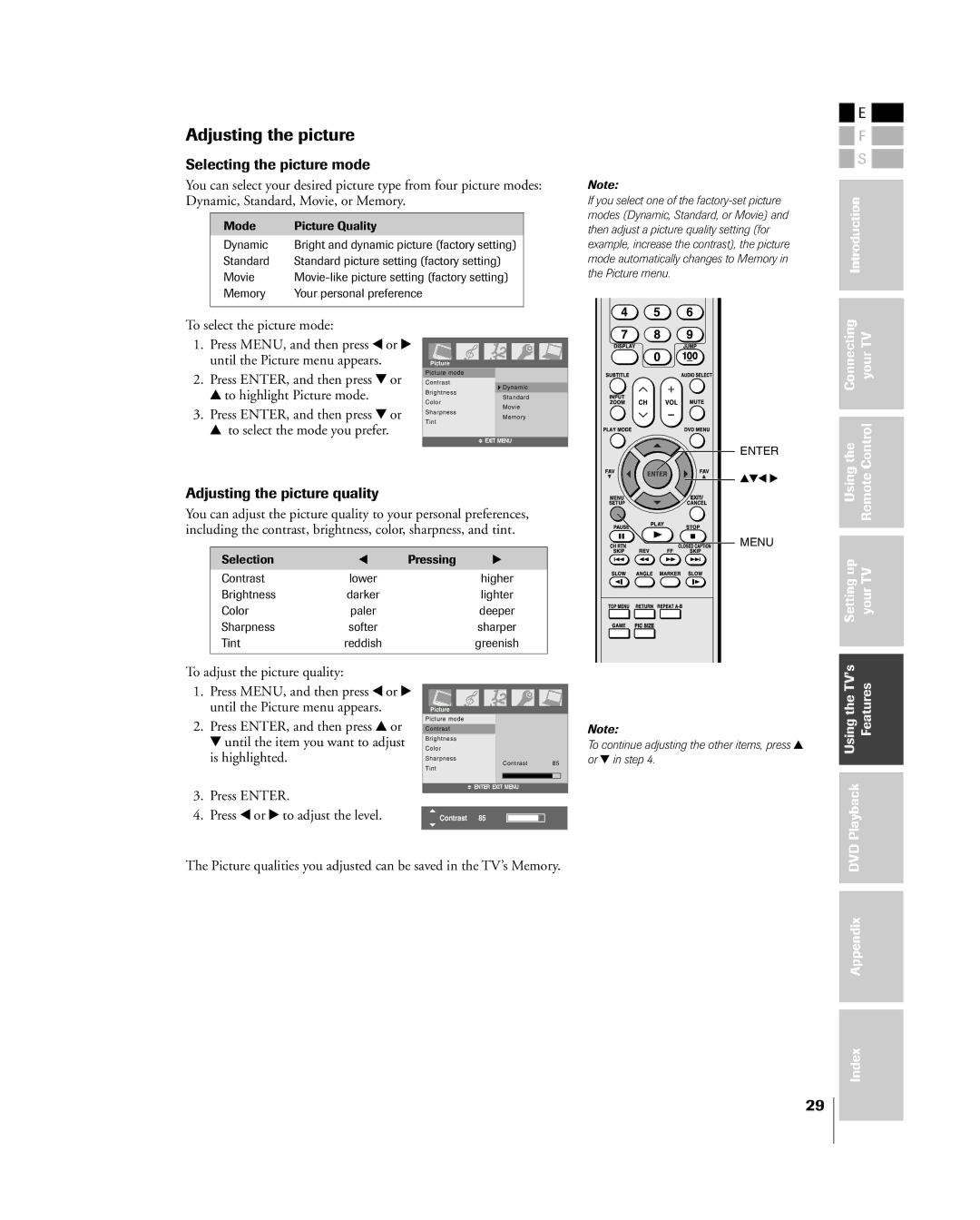 Toshiba 23HLV85 manual Selecting the picture mode, Adjusting the picture quality 