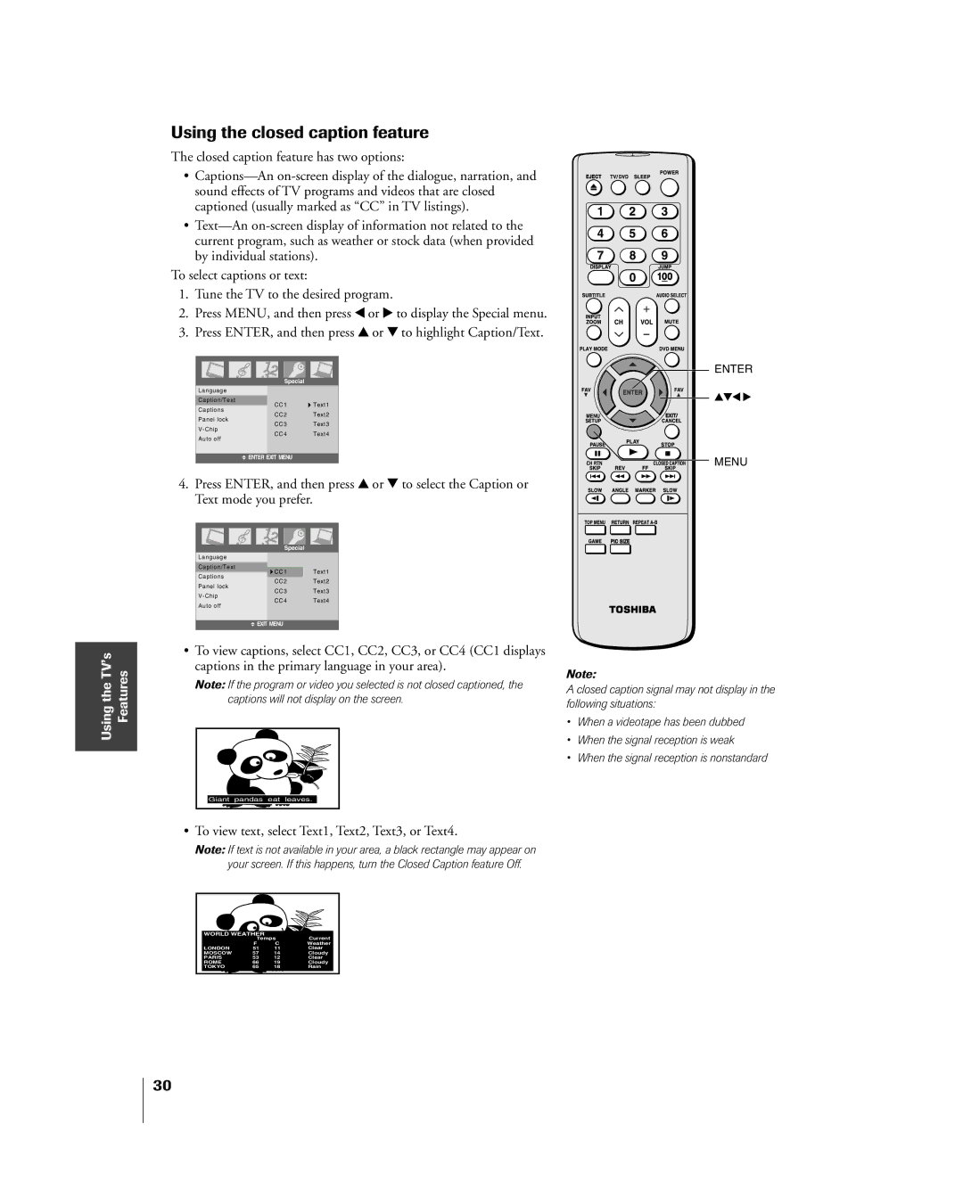 Toshiba 23HLV85 manual Using the closed caption feature, ¥ To view text, select Text1, Text2, Text3, or Text4 