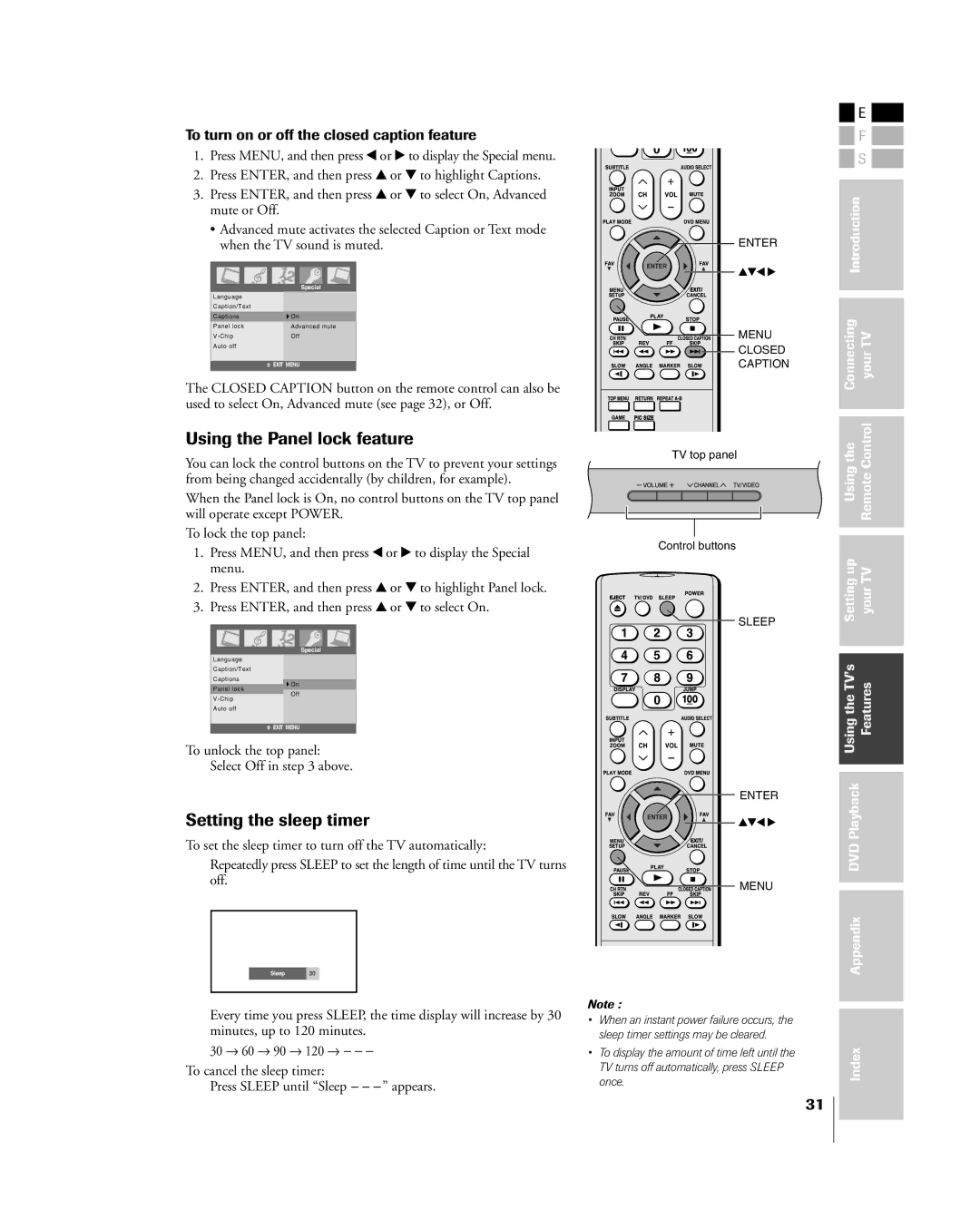 Toshiba 23HLV85 manual Using the Panel lock feature, Setting the sleep timer, To turn on or off the closed caption feature 