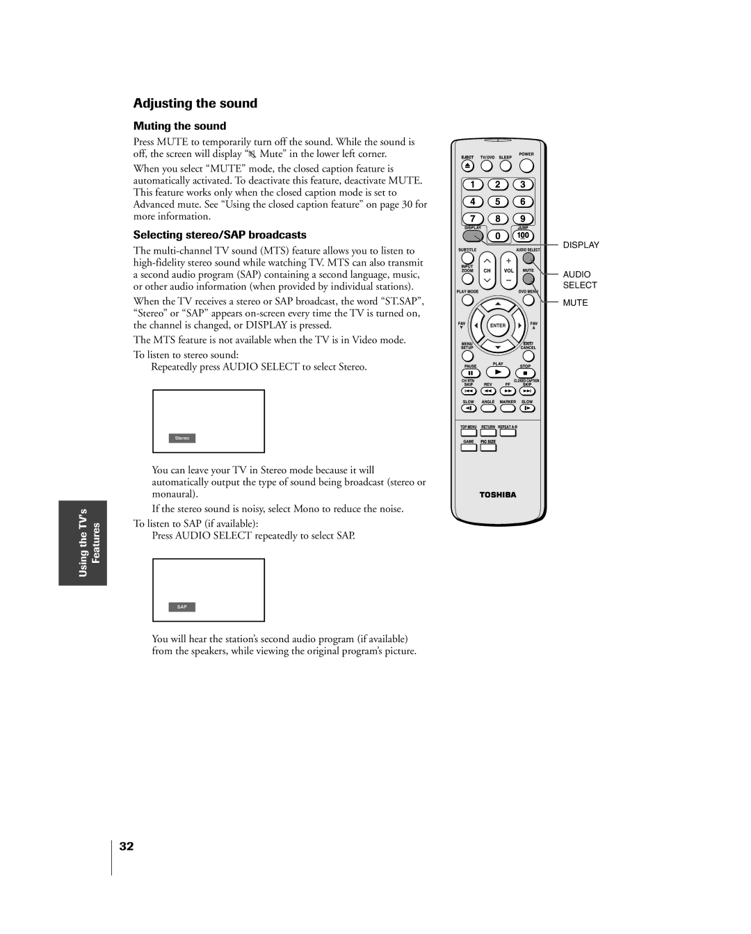 Toshiba 23HLV85 manual Adjusting the sound, Muting the sound, Selecting stereo/SAP broadcasts 