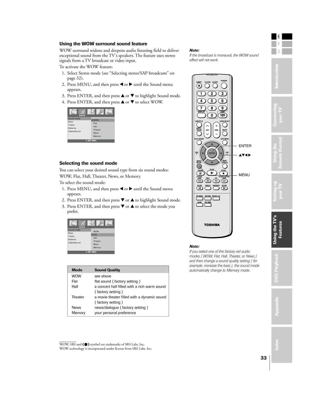 Toshiba 23HLV85 Using the WOW surround sound feature, Selecting the sound mode, Signals from a TV broadcast or video input 