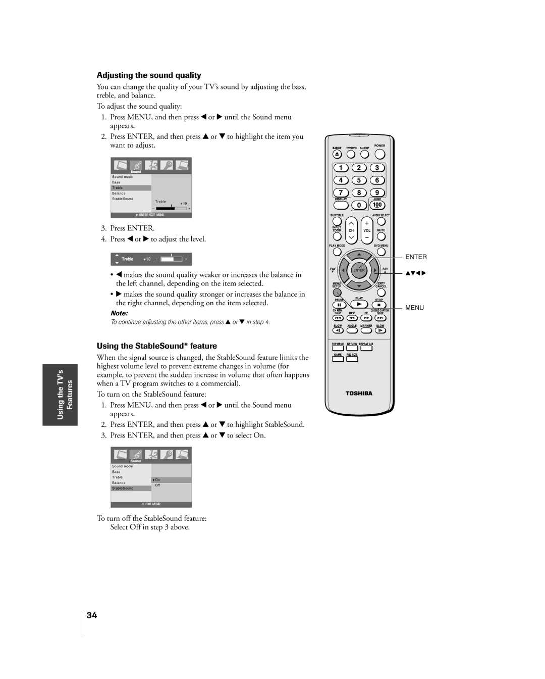 Toshiba 23HLV85 manual Adjusting the sound quality, Using the StableSound¨ feature 