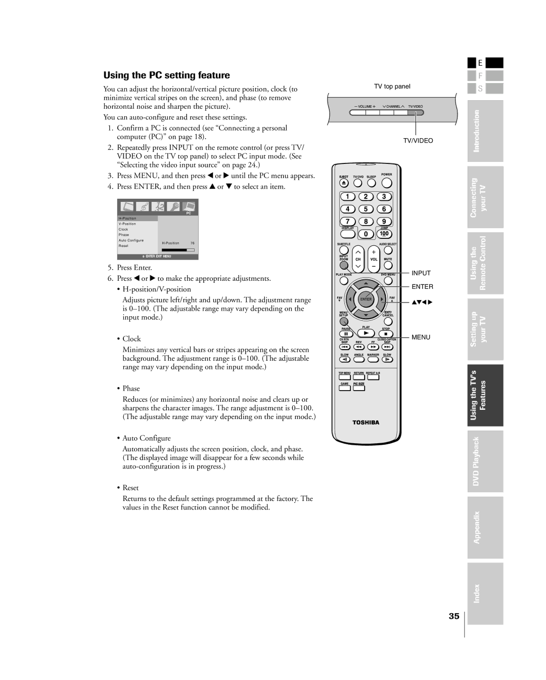 Toshiba 23HLV85 manual Using the PC setting feature 