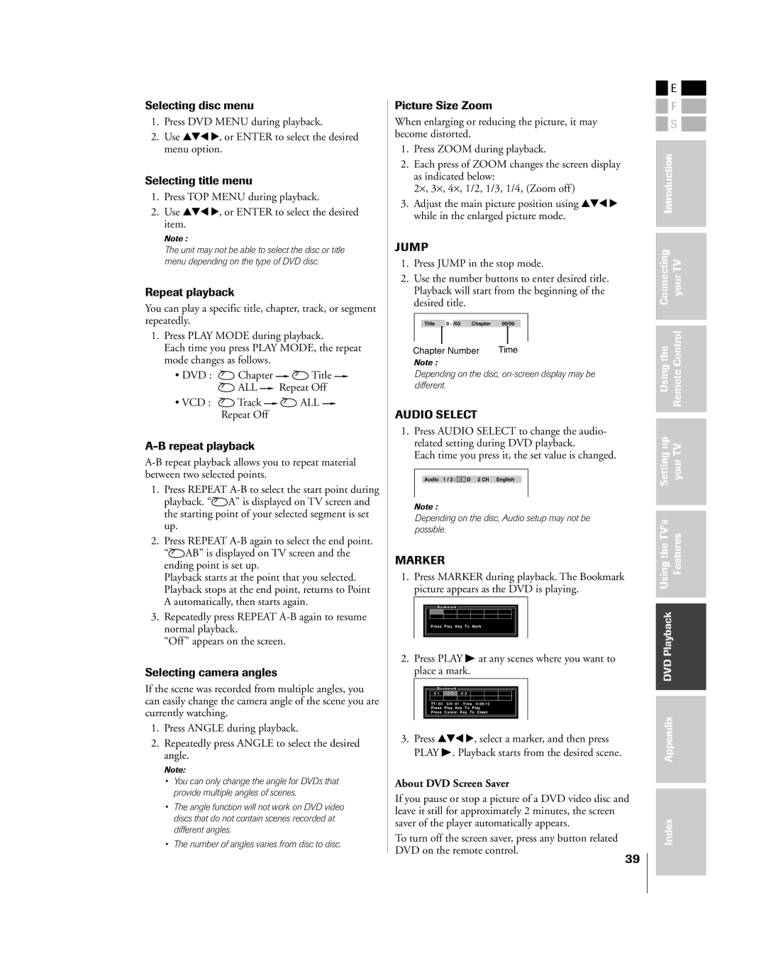 Toshiba 23HLV85 Selecting disc menu, Selecting title menu, Repeat playback, Selecting camera angles, Picture Size Zoom 