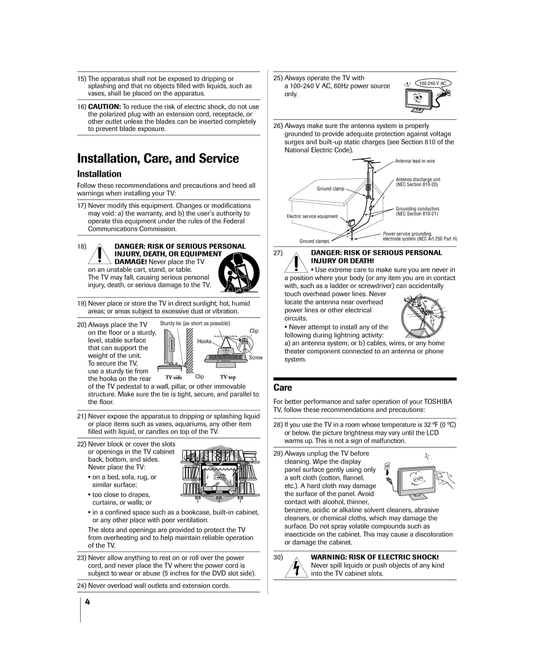 Toshiba 23HLV85 manual Installation, Care 