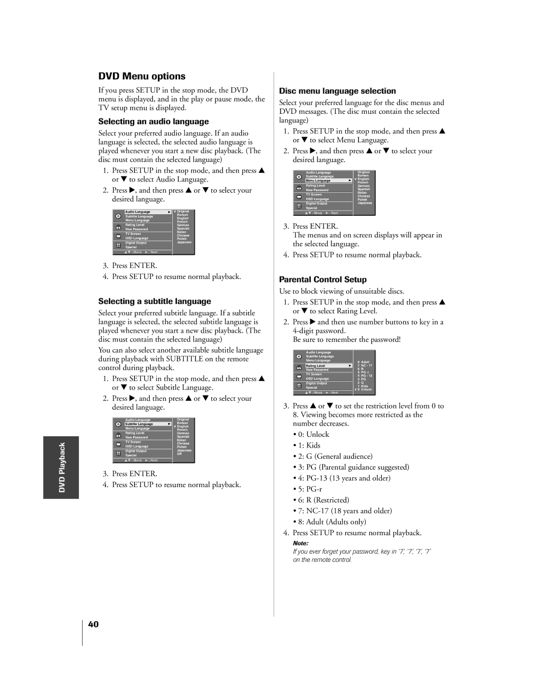 Toshiba 23HLV85 DVD Menu options, Selecting an audio language, Selecting a subtitle language, Disc menu language selection 