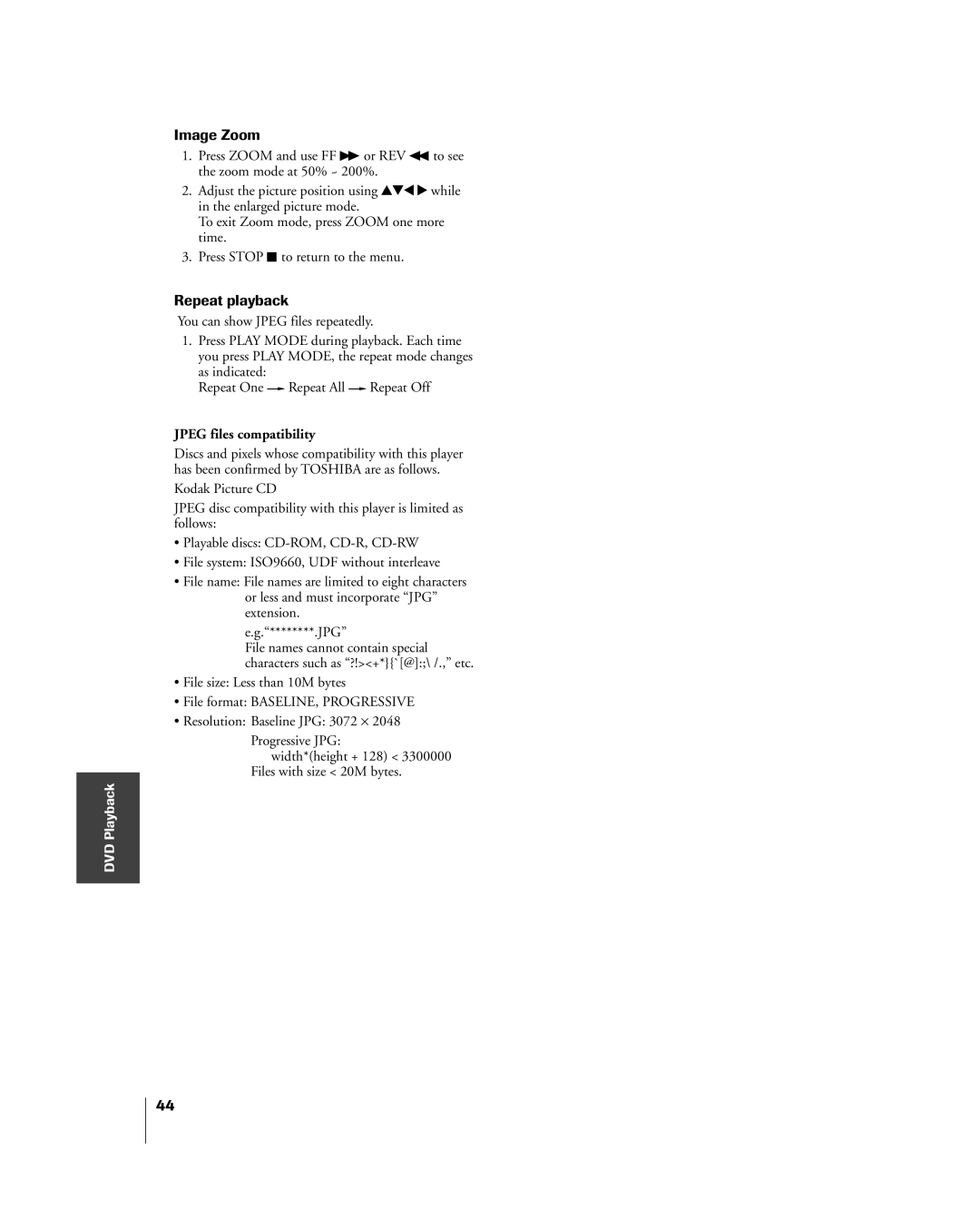 Toshiba 23HLV85 manual Image Zoom, Jpeg files compatibility 