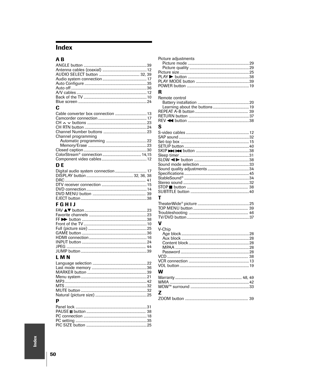 Toshiba 23HLV85 manual Index, 14,15 