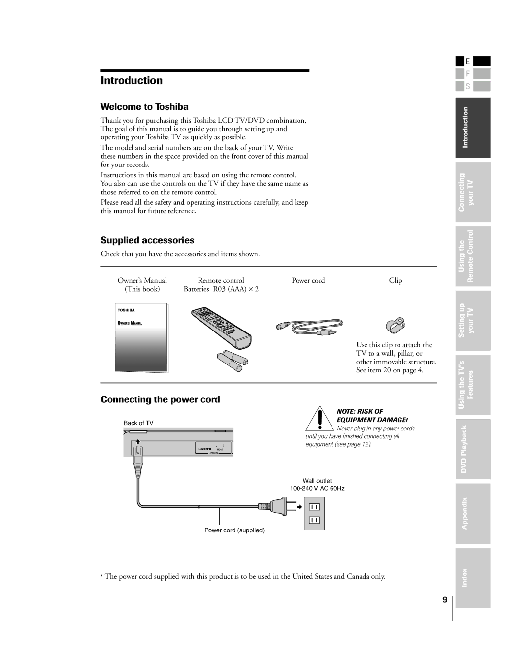 Toshiba 23HLV85 manual Introduction, Welcome to Toshiba, Supplied accessories, Connecting the power cord 