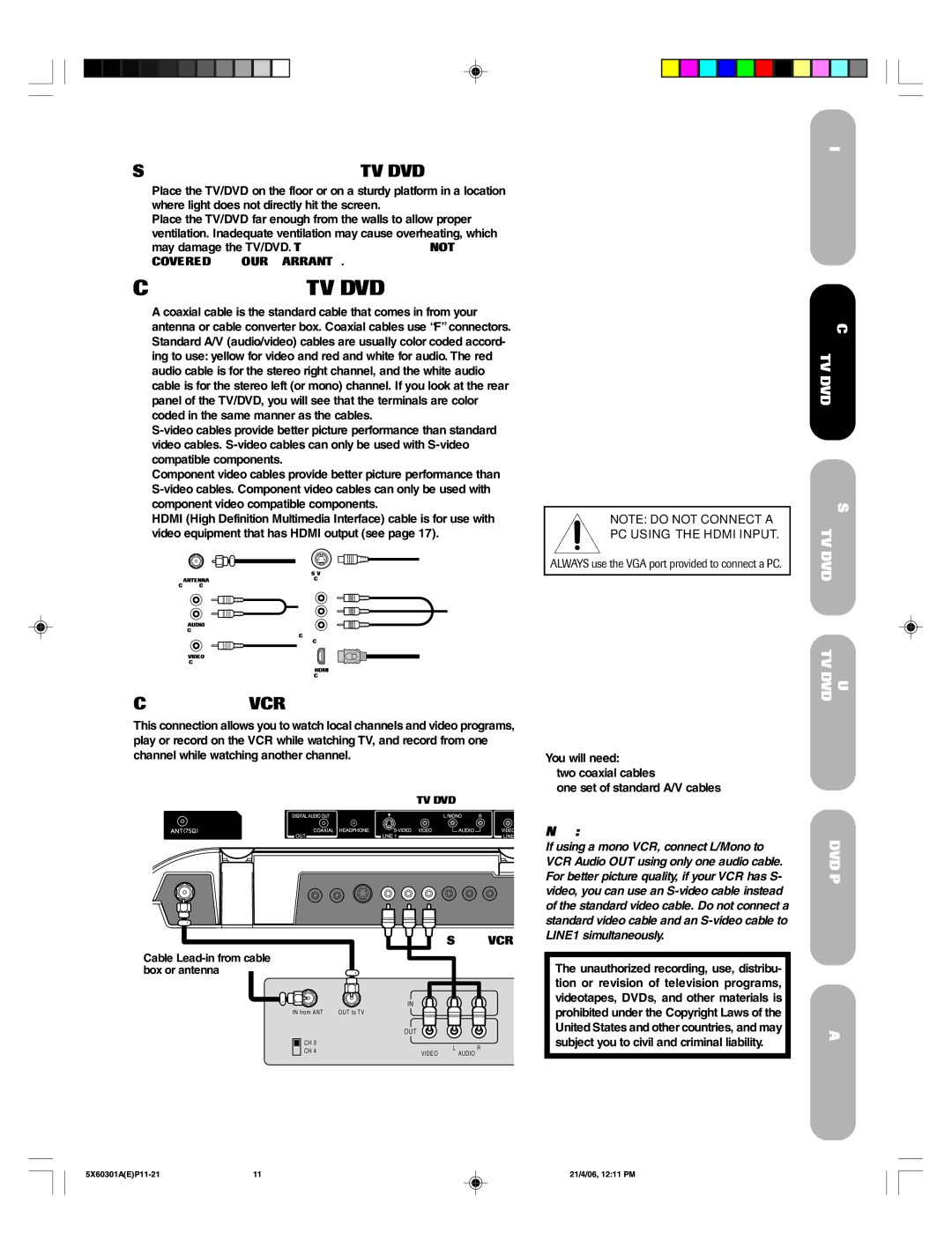 Toshiba 23HLV86 appendix Selecting a location for the TV/DVD, Connecting a VCR, Stereo VCR 