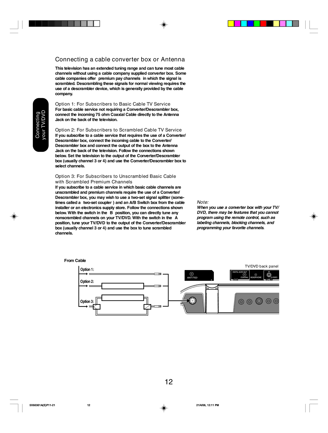 Toshiba 23HLV86 appendix Connecting a cable converter box or Antenna, Option 1 For Subscribers to Basic Cable TV Service 