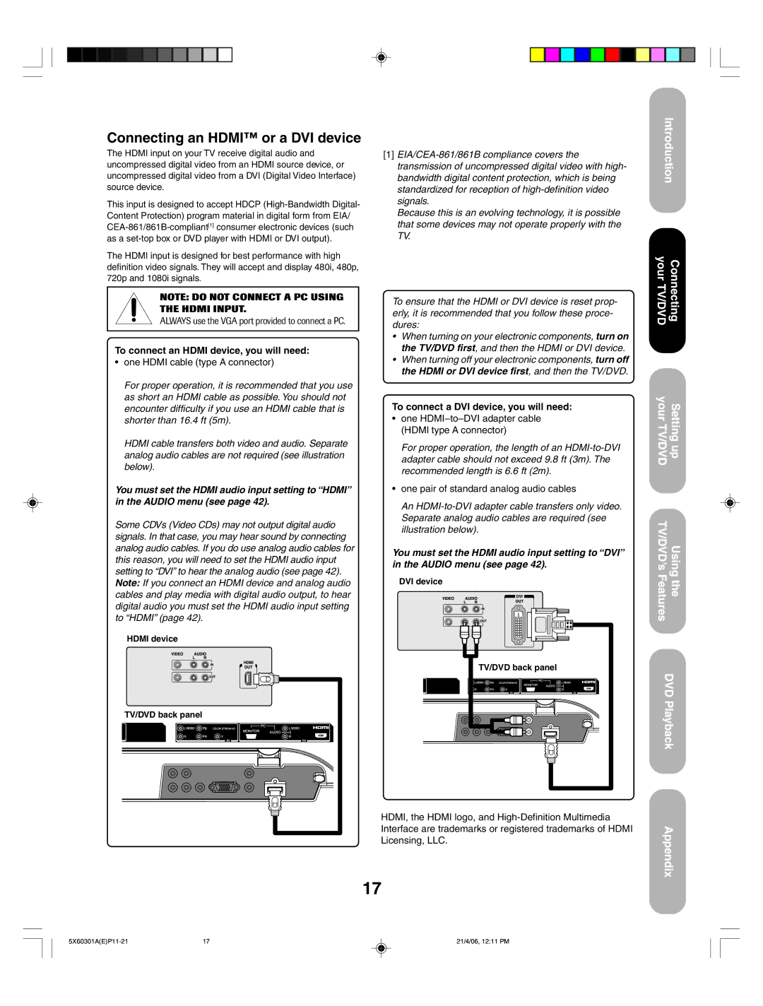 Toshiba 23HLV86 appendix Connecting an Hdmi or a DVI device, To connect an Hdmi device, you will need 