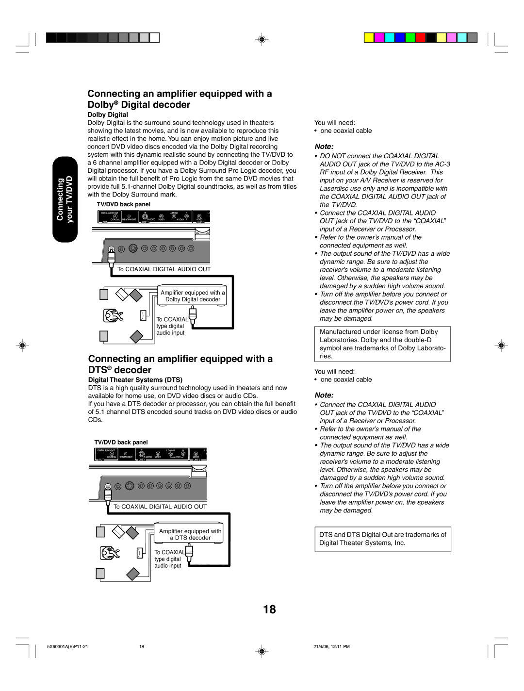 Toshiba 23HLV86 appendix Connecting an amplifier equipped with a DTS decoder, Dolby Digital, Digital Theater Systems DTS 