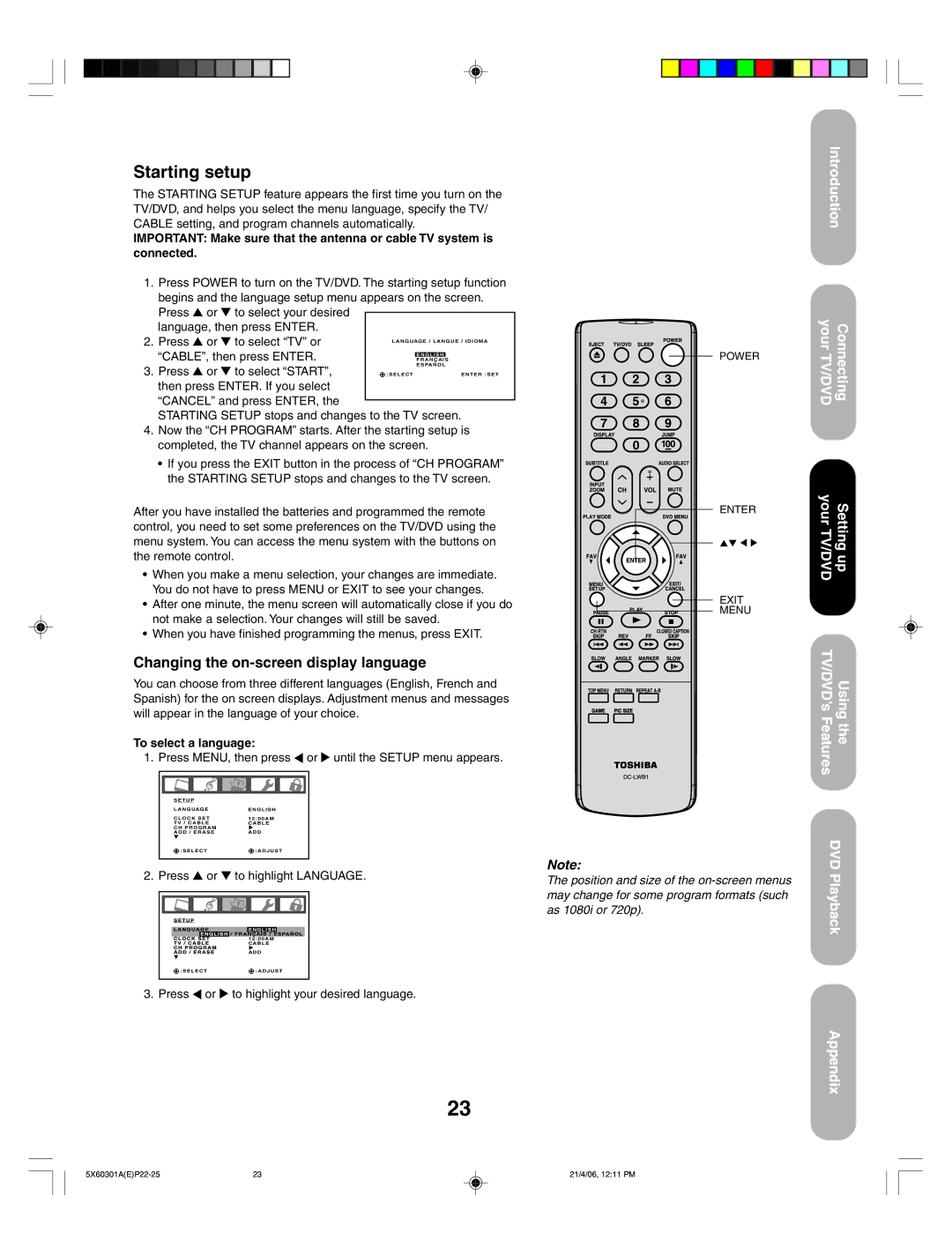 Toshiba 23HLV86 appendix Starting setup, Changing the on-screen display language, To select a language, Press 