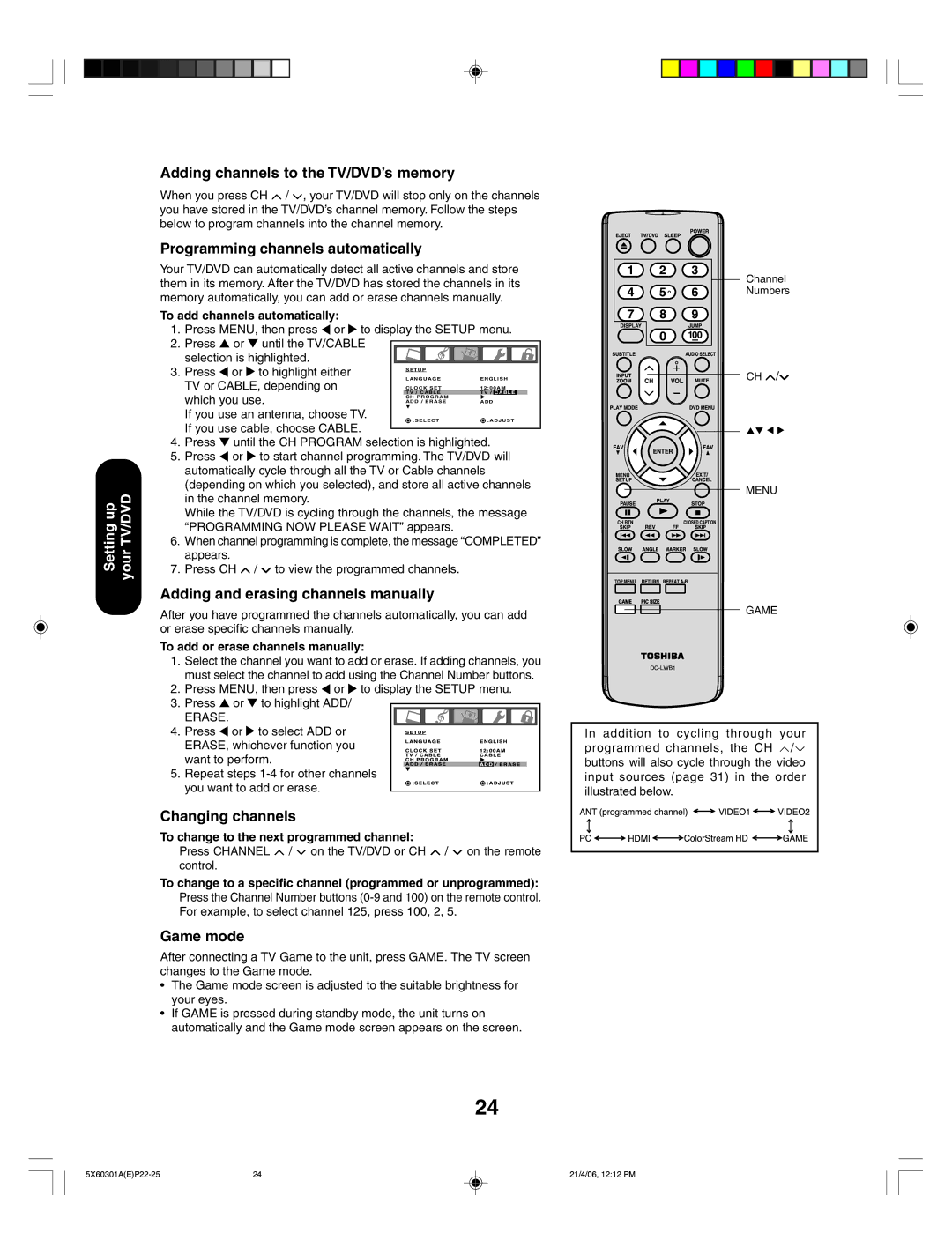 Toshiba 23HLV86 Adding channels to the TV/DVD’s memory, Programming channels automatically, Changing channels, Game mode 