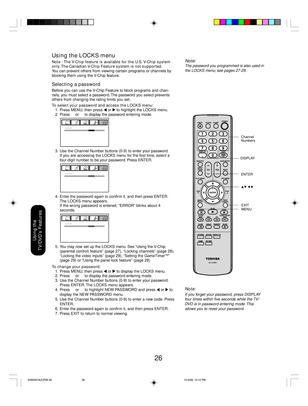 Toshiba 23HLV86 appendix Using the Locks menu, Selecting a password, To select your password and access the Locks menu 