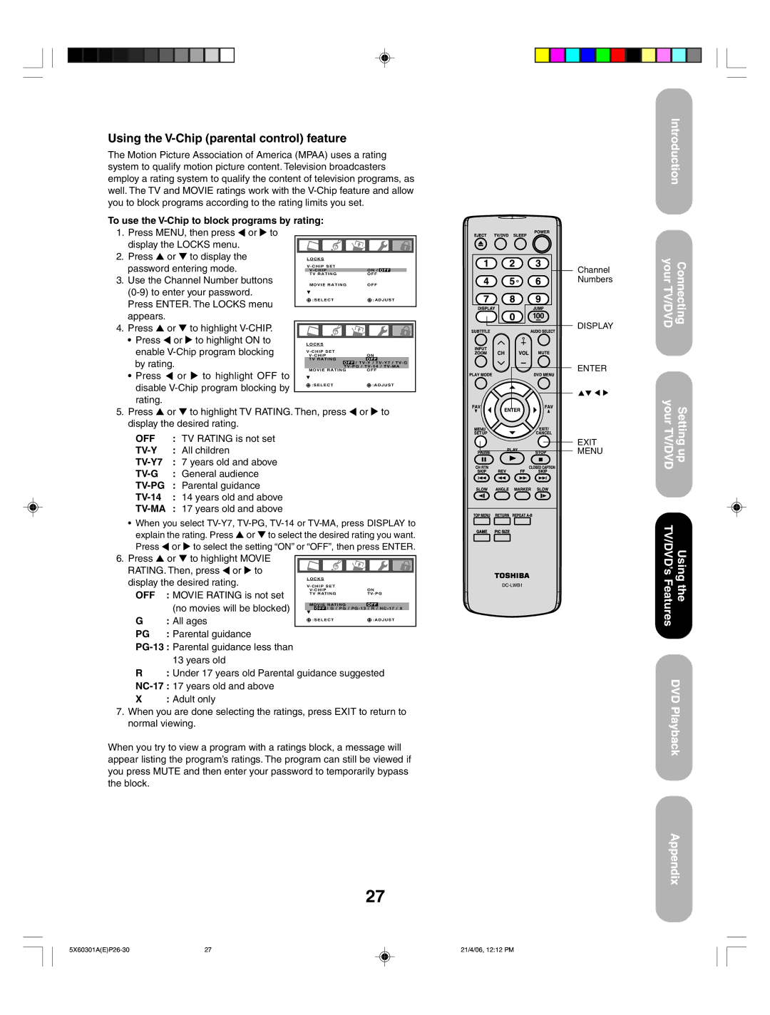 Toshiba 23HLV86 appendix Using the V-Chip parental control feature 