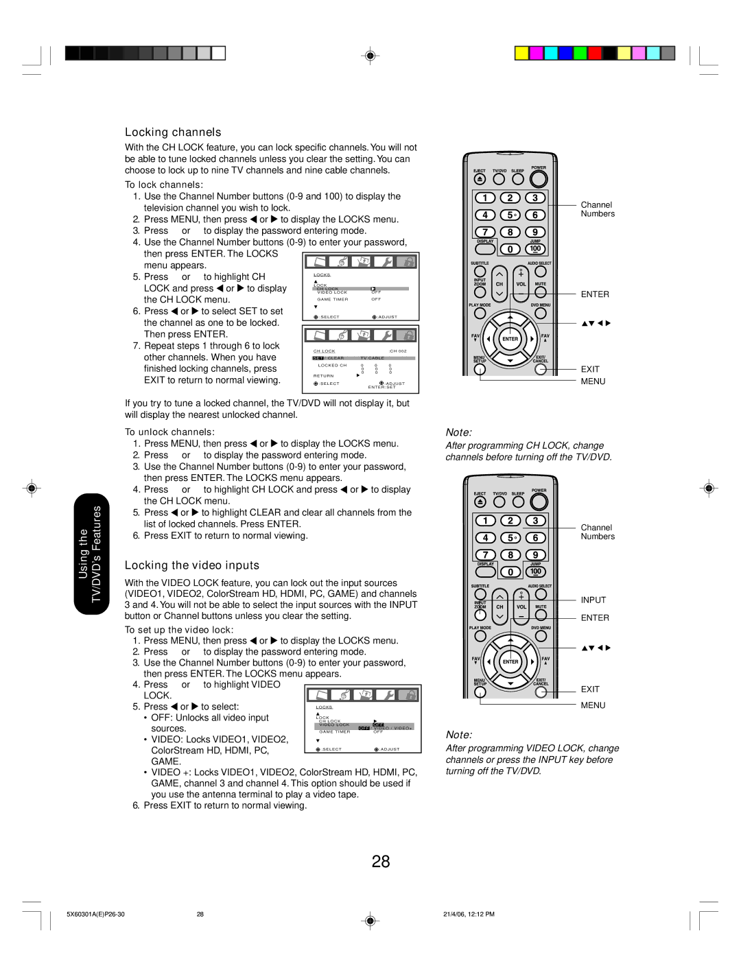 Toshiba 23HLV86 appendix Locking channels, Locking the video inputs 