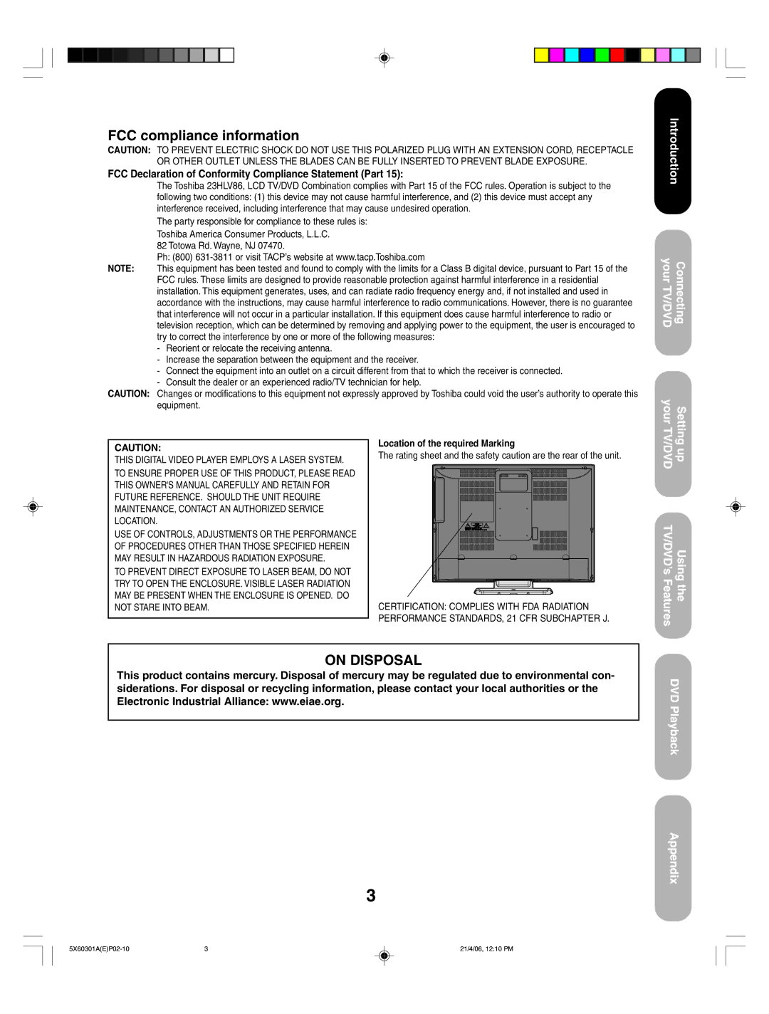 Toshiba 23HLV86 appendix FCC compliance information, FCC Declaration of Conformity Compliance Statement Part 