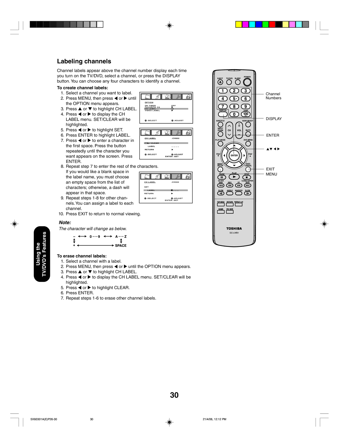 Toshiba 23HLV86 appendix Labeling channels, To create channel labels, To erase channel labels 