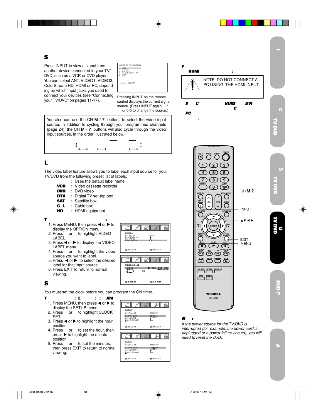 Toshiba 23HLV86 appendix Selecting the video input source, Labeling the video input sources, Setting the clock 