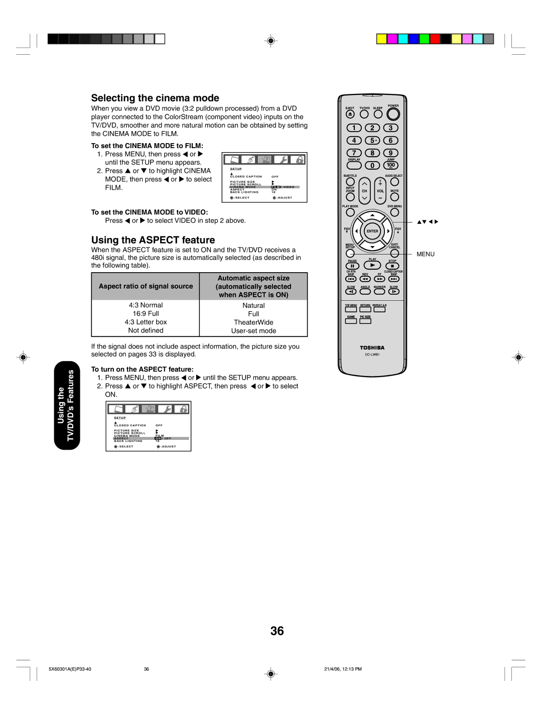 Toshiba 23HLV86 appendix Selecting the cinema mode, Using the Aspect feature, To set the Cinema Mode to Film 