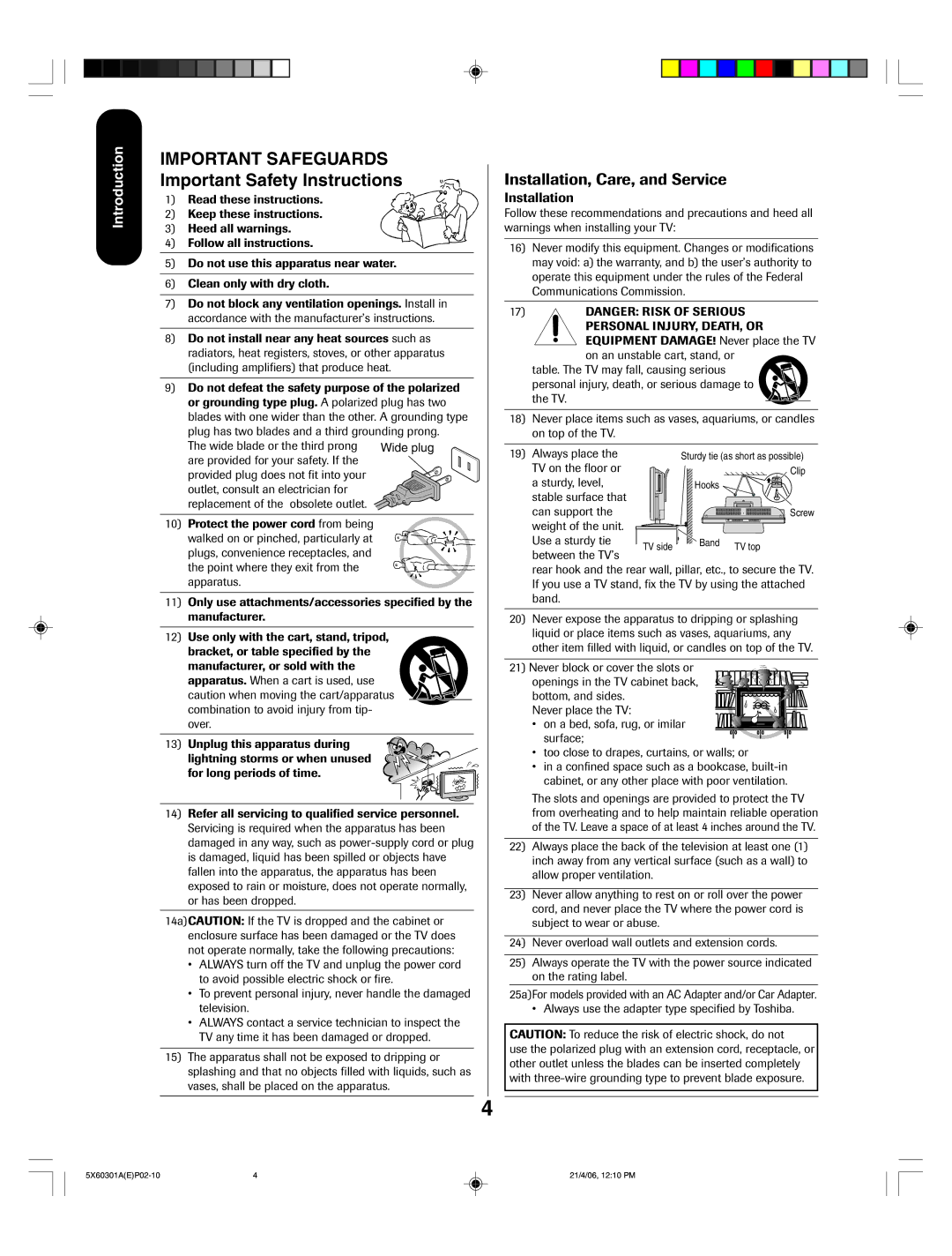 Toshiba 23HLV86 appendix Important Safeguards, Important Safety Instructions 