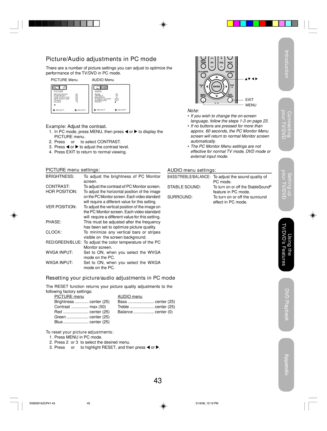 Toshiba 23HLV86 appendix Picture/Audio adjustments in PC mode, Resetting your picture/audio adjustments in PC mode 