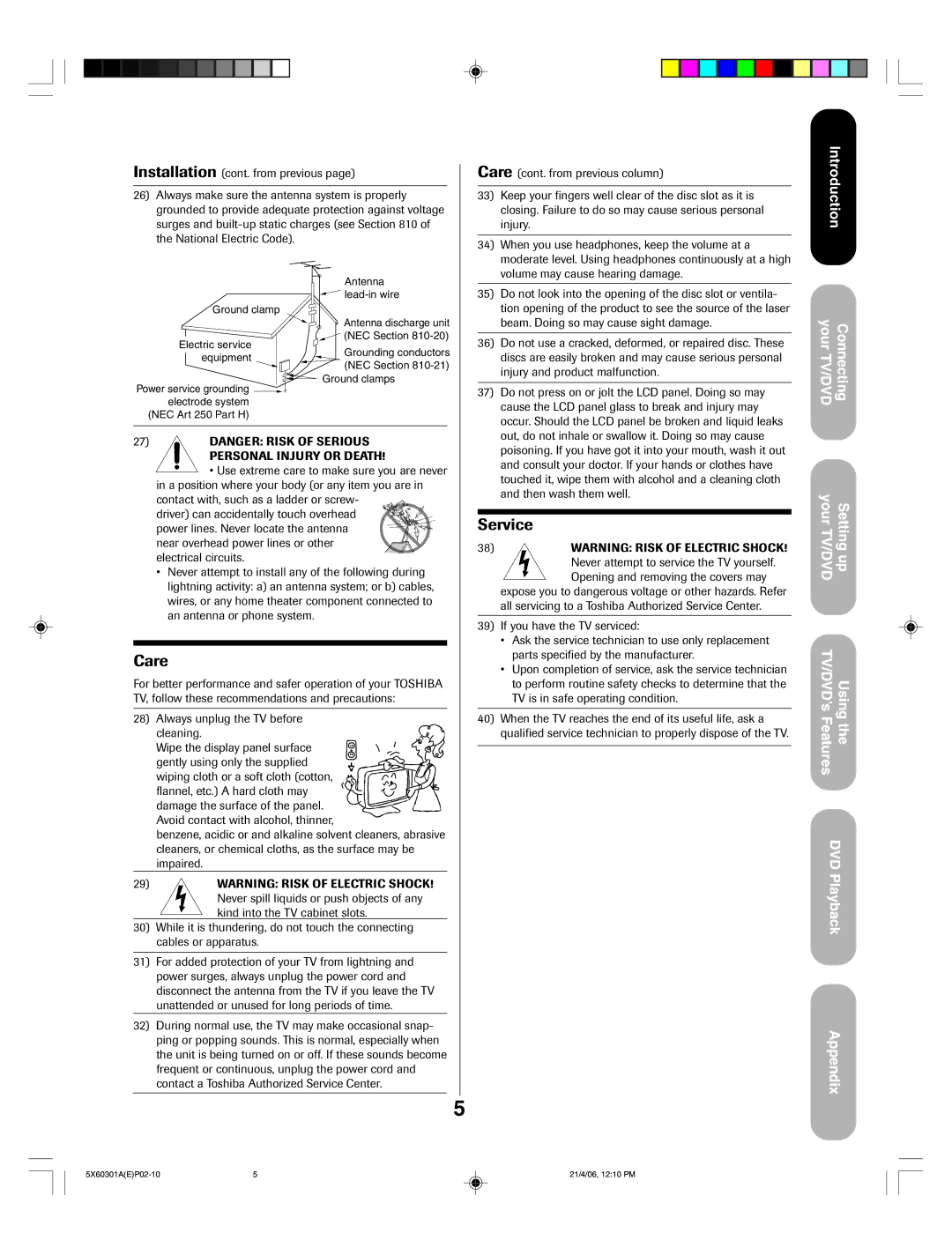 Toshiba 23HLV86 appendix Care 