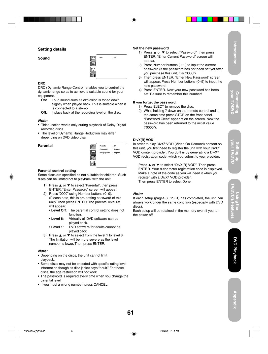 Toshiba 23HLV86 appendix Sound, Parental control setting, Set the new password, If you forget the password 