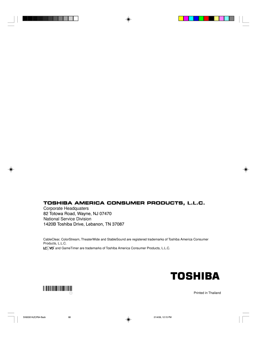 Toshiba 23HLV86 appendix Corporate Headquaters National Service Division 