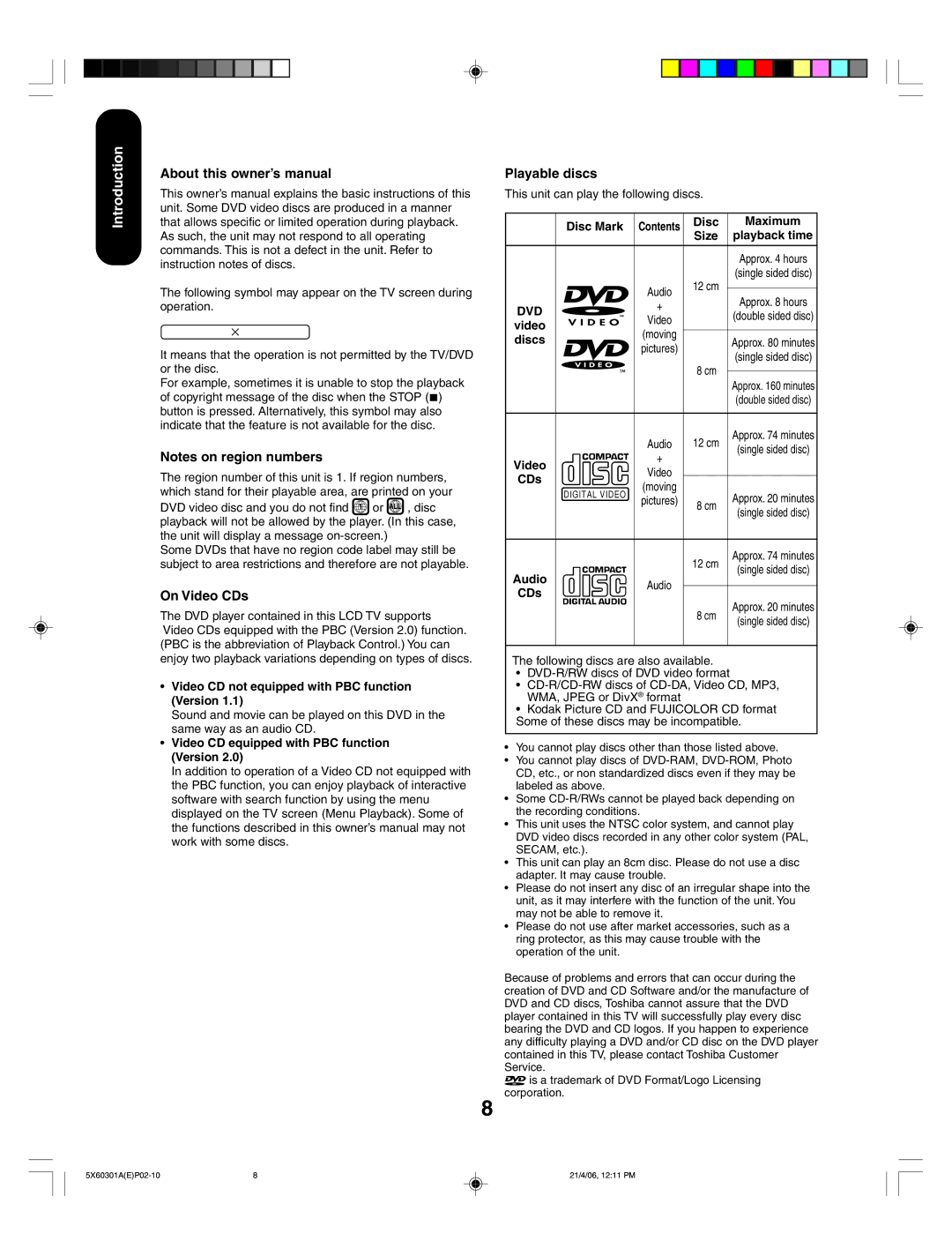 Toshiba 23HLV86 appendix Playable discs, On Video CDs 