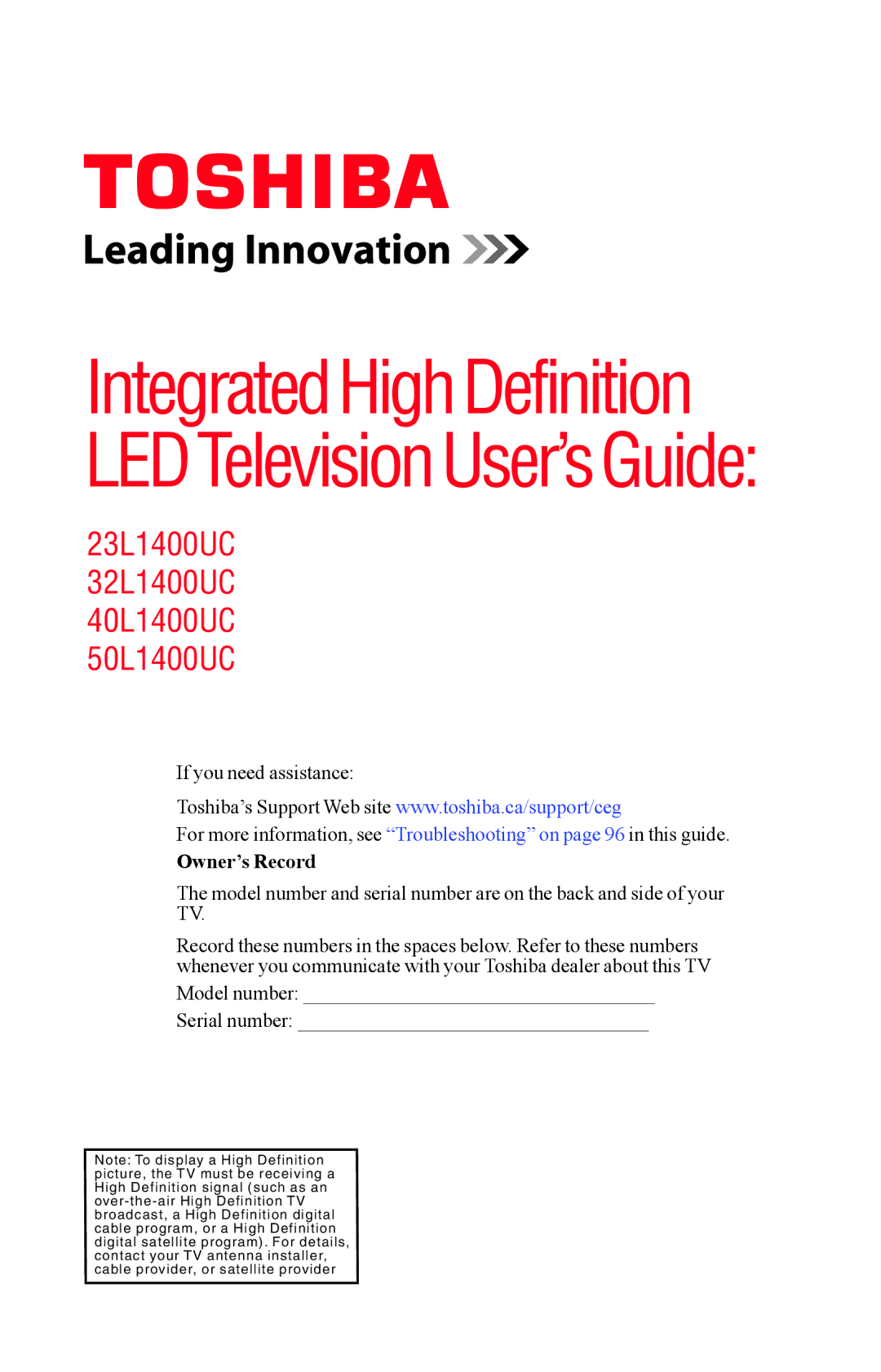 Toshiba 40L1400UC, 23L1400UC, 32L1400UC, 50L1400UC manual IntegratedHighDefinition LEDTelevisionUser’sGuide 