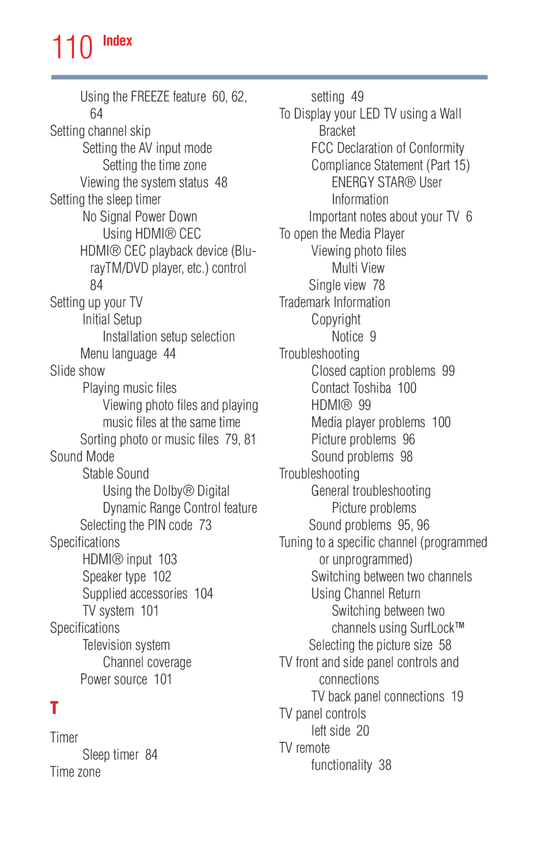 Toshiba 32L1400UC Using the Freeze feature 60, 62 Setting channel skip, RayTM/DVD player, etc. control, Sound problems 95 