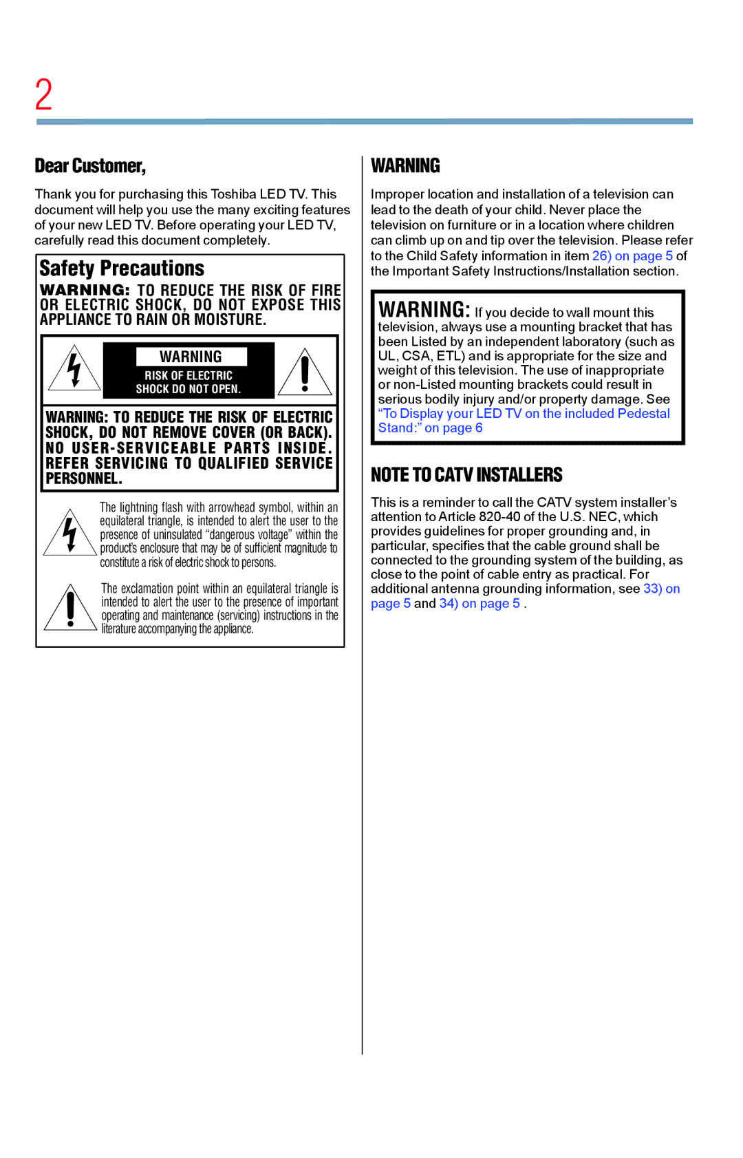 Toshiba 32L1400UC, 23L1400UC, 40L1400UC, 50L1400UC manual Safety Precautions 