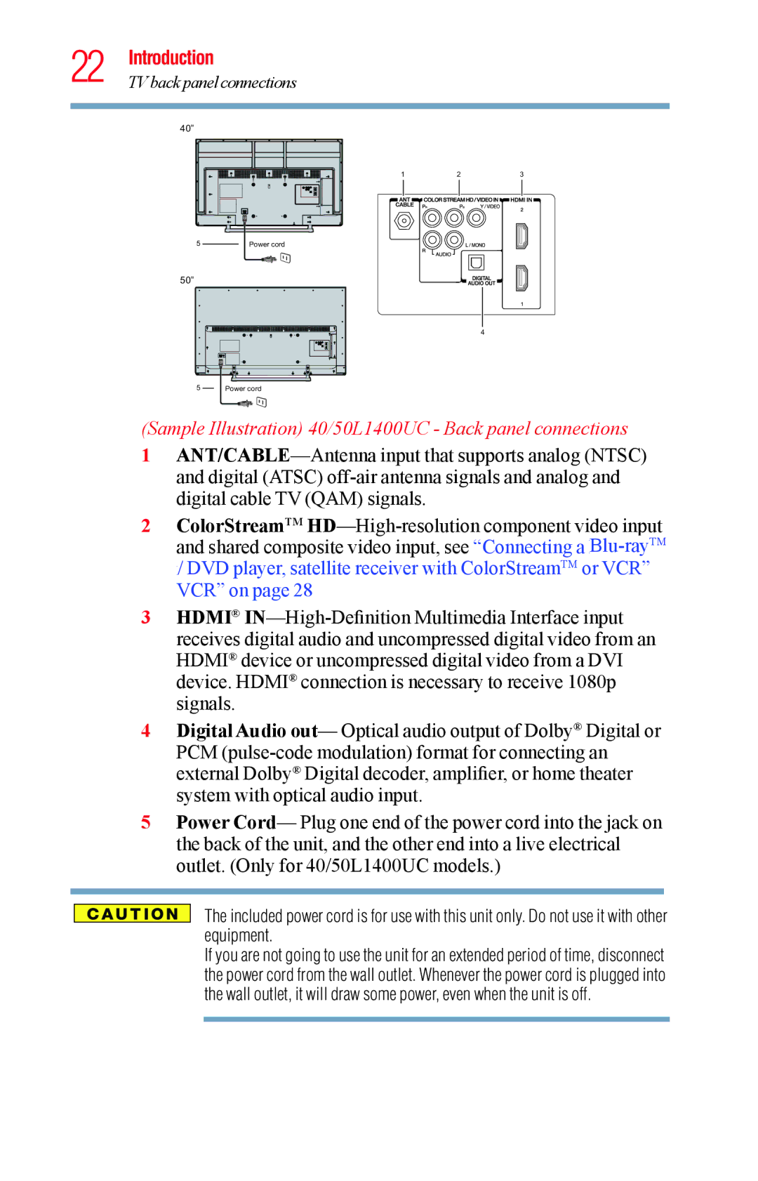 Toshiba 32L1400UC, 23L1400UC, 40L1400UC manual Sample Illustration 40/50L1400UC Back panel connections 