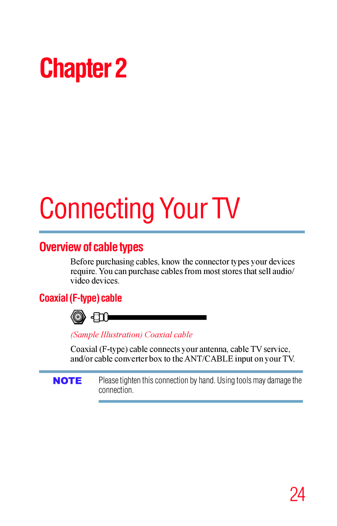 Toshiba 23L1400UC, 40L1400UC, 32L1400UC Overview of cable types, Coaxial F-type cable, Sample Illustration Coaxial cable 