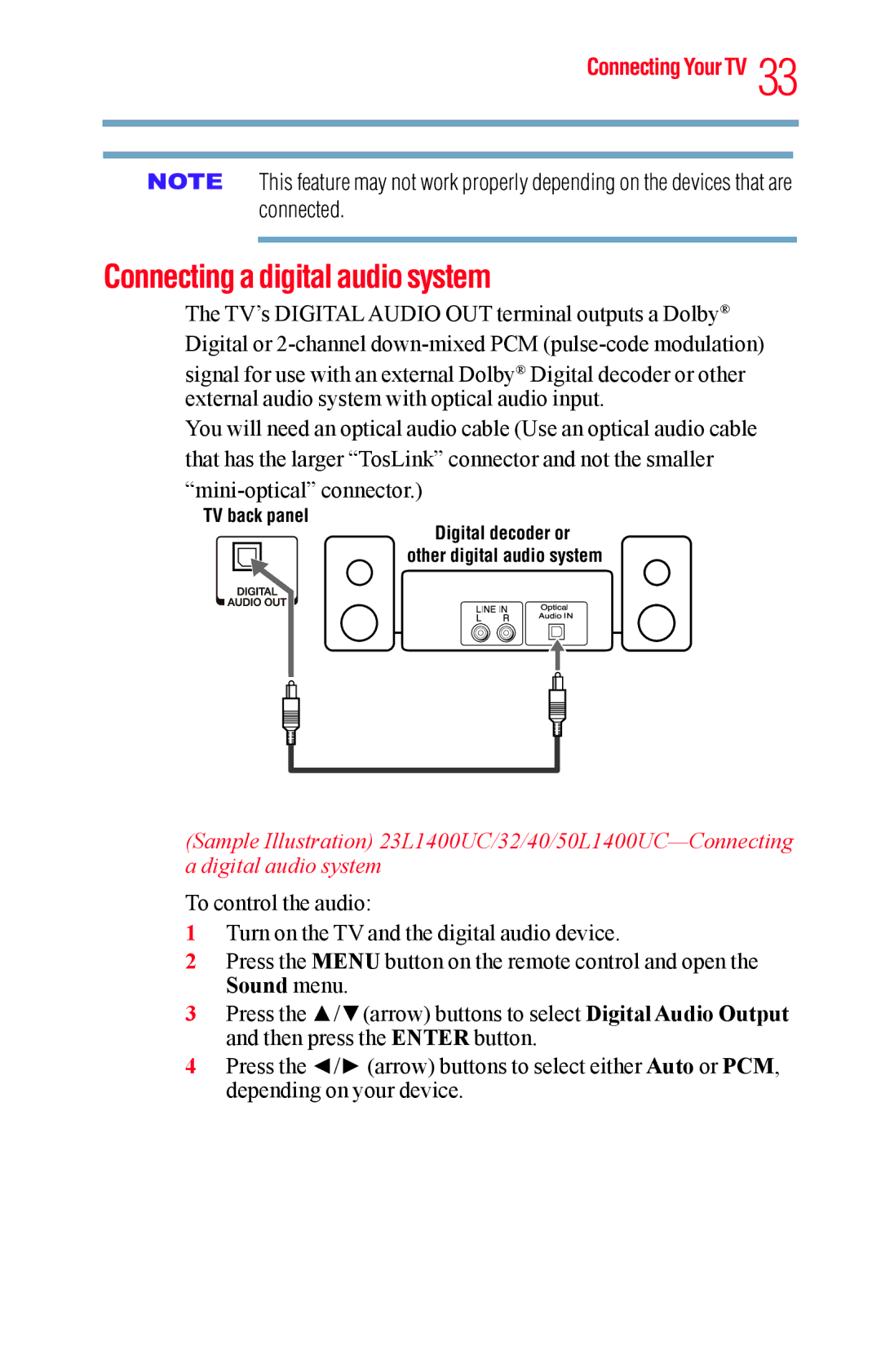 Toshiba 40L1400UC, 23L1400UC, 32L1400UC, 50L1400UC manual Connecting a digital audio system 