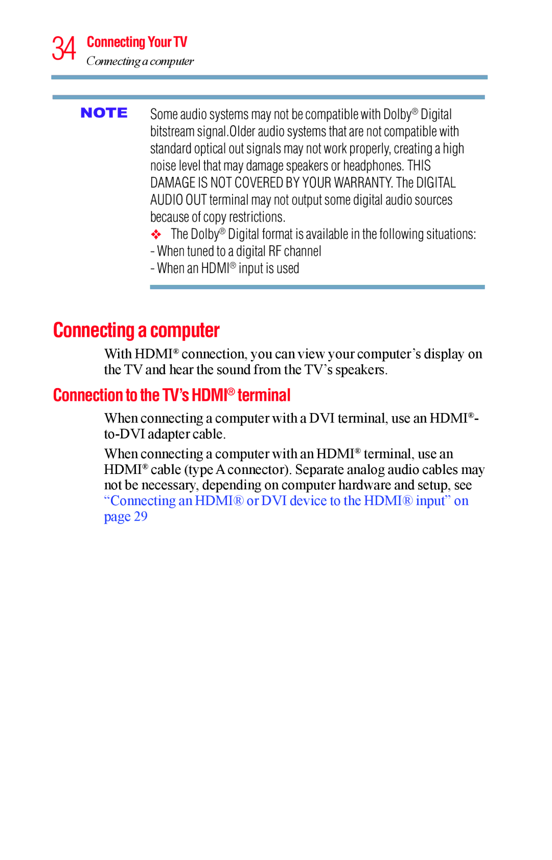 Toshiba 32L1400UC, 23L1400UC manual Connecting a computer, Connection to the TV’s Hdmi terminal, When an Hdmi input is used 