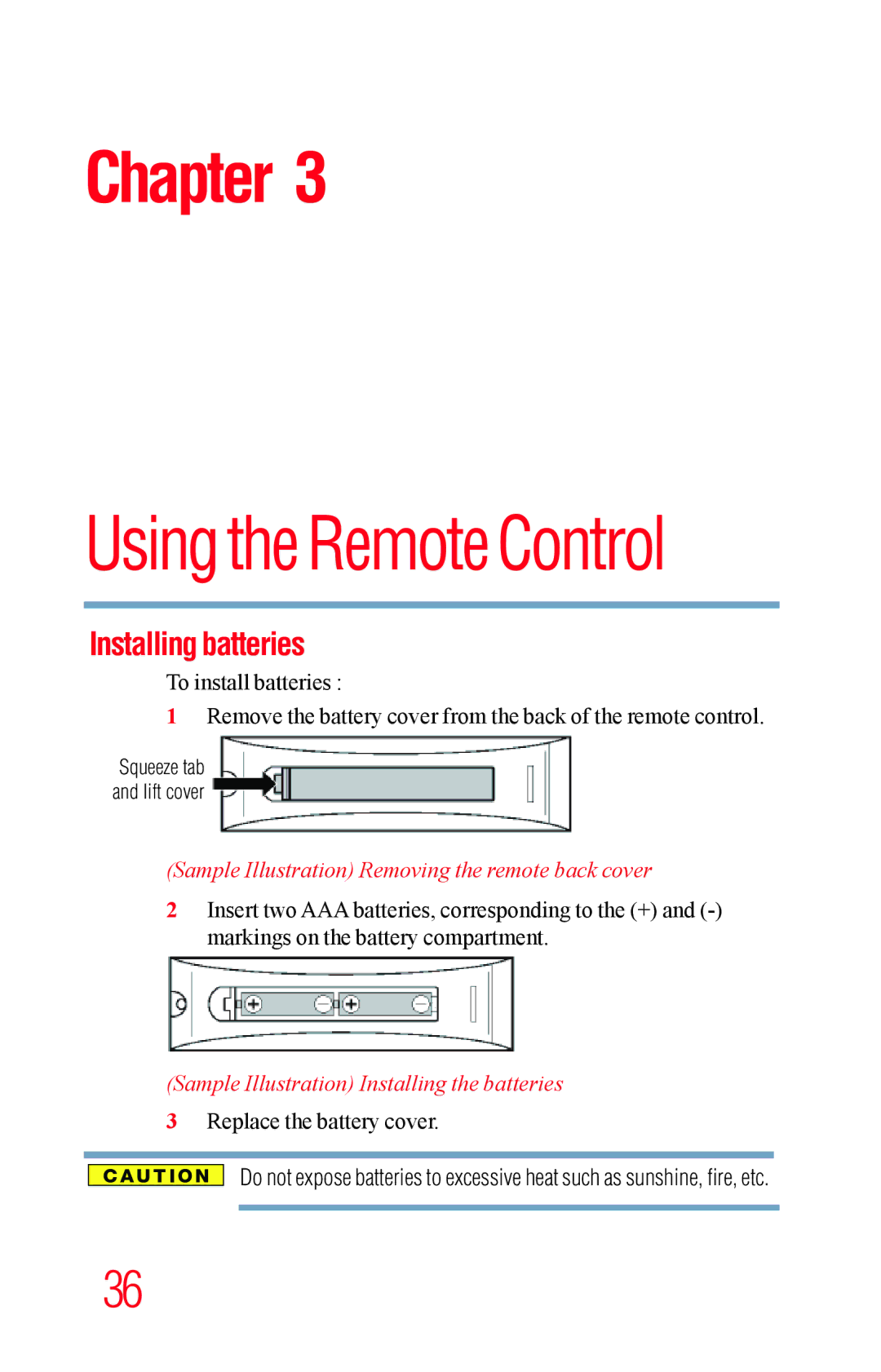 Toshiba 23L1400UC, 40L1400UC, 32L1400UC, 50L1400UC Installing batteries, Sample Illustration Removing the remote back cover 