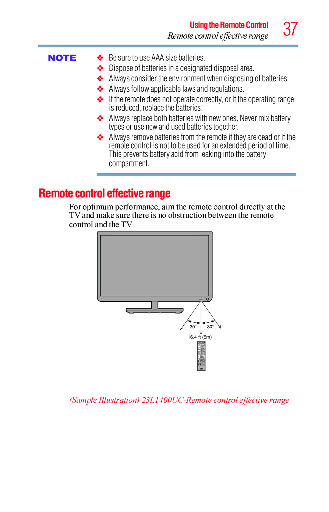 Toshiba 40L1400UC, 23L1400UC, 32L1400UC, 50L1400UC manual Remote control effective range 